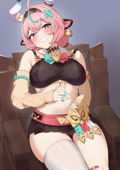 1girl ahoge animal_ears aqua_hair asymmetrical_legwear bandaid_on_thigh bare_shoulders blush breasts bright_pupils brown_skirt chair commentary_request cow_ears cow_girl cow_horns crop_top detached_sleeves ear_bell genshin_impact grey_background grin hair_ornament hand_on_own_stomach highres horns kakabos large_breasts midriff multicolored_hair on_chair pink_hair pleated_skirt purple_eyes single_thighhigh sitting skirt smile solo streaked_hair sweater thighhighs varesa_(genshin_impact) white_pupils white_thighhighs x_hair_ornament yellow_sweater