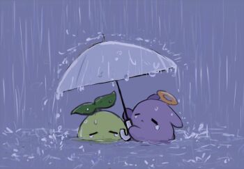 blob closed_eyes closed_mouth commentary creature dot_mouth frown halo holding holding_umbrella hololive hololive_english no_humans purple_background rain sapling_(ceres_fauna) sprout_on_head symbol-only_commentary takodachi_(ninomae_ina&#039;nis) tears umbrella virtual_youtuber yuuyu_(777)
