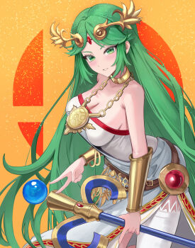 1girl absurdres breasts chain circlet collarbone gold_chain green_eyes green_hair highres holding holding_staff jewelry jyn_jyn kid_icarus kid_icarus_uprising long_hair nintendo orange_background palutena pendant single_thighhigh solo staff super_smash_bros. super_smash_bros._logo thighhighs v very_long_hair white_thighhighs
