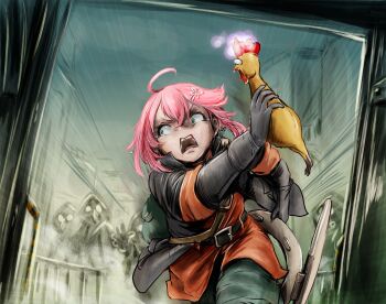 Rule 34 | 1girl, ahoge, beak mask, belt, black gloves, gloves, green eyes, hair between eyes, hair ornament, highres, holding, hololive, indoors, nymph rhythm, open mouth, parody, pink hair, rubber chicken, running, sakura miko, virtual youtuber