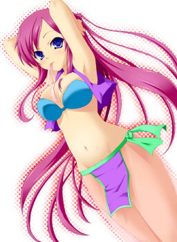 Rule 34 | 1990s (style), 1girl, armpits, arms up, blue eyes, blush, bra, breasts, faris scherwiz, female focus, final fantasy, final fantasy v, gradient background, highres, jacket, lingerie, loincloth, long hair, midriff, mouth hold, mystic knight, purple hair, retro artstyle, solo, uchouten, underwear, white background