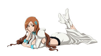 1girl absurdres bleach bleach:_sennen_kessen-hen breasts brown_eyes cleavage cleavage_cutout clothing_cutout detached_sleeves female_focus hair_ornament hand_on_own_cheek hand_on_own_face highres inoue_orihime large_breasts legs_up long_hair long_skirt lying midriff on_stomach orange_hair puffy_sleeves rozuberry shoes simple_background skirt smile snowflake_hair_ornament white_background