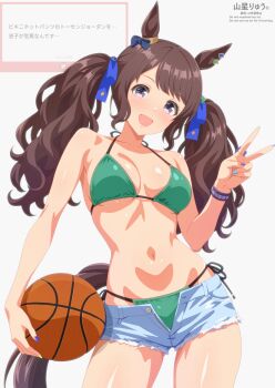 1girl alternate_costume animal_ears ball basketball basketball_(object) bikini bikini_bottom_under_shorts bikini_under_clothes black_eyes blush bow breasts brown_hair cleavage commentary_request contrapposto cowboy_shot ear_bow ear_ornament ear_ribbon fingernails green_bikini grey_shorts hand_up highres holding holding_ball horse_ears horse_girl horse_tail long_hair looking_at_viewer medium_breasts multicolored_nails nail_polish navel open_clothes open_mouth open_shorts shiny_skin shorts simple_background smile solo stomach swimsuit tail thighs tosen_jordan_(umamusume) umamusume v white_background yamaboshi_ryuu