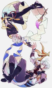 Rule 34 | 2boys, antenna hair, arm ribbon, arm up, armor, artist name, as i've written (honkai: star rail), black boots, black choker, black coat, black gloves, black pants, blood, blood on clothes, blue cape, book, boots, caelus (honkai: star rail), cape, choker, closed eyes, coat, falling, fingerless gloves, floating cape, floating clothes, full body, gloves, gold trim, grey hair, hair between eyes, highres, honkai: star rail, honkai (series), hood, hooded coat, injury, jacket, lapels, long sleeves, looking at another, looking down, male focus, multiple boys, open book, open clothes, open coat, open mouth, pants, paper, phainon (honkai: star rail), pocket watch, puffy long sleeves, puffy sleeves, quill, ribbon, rongyuan gulu, shirt, short hair, shoulder armor, simple background, single glove, t-shirt, teeth, thigh strap, trailblazer (honkai: star rail), two-sided cape, two-sided coat, two-sided fabric, watch, white background, white hair, white jacket, white shirt, yellow cape, yellow coat, yellow eyes