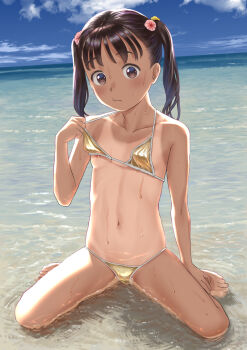 1girl bare_arms bare_legs bare_shoulders barefoot beach bikini bikini_top_lift black_hair blue_sky blush breasts brown_eyes brown_hair closed_mouth clothes_lift clothes_pull cloud collarbone day flat_chest flower full_body gold_bikini hair_flower hair_ornament highres horizon lifting_own_clothes loli long_hair looking_at_viewer medium_hair micro_bikini mu-pyon navel nipple_slip nipples ocean on_ground one-piece_tan original outdoors paid_reward_available partially_submerged raised_eyebrows shallow_water sitting sky small_breasts solo stomach swimsuit tan tanline tareme twintails variant_set wariza water wet yellow_bikini