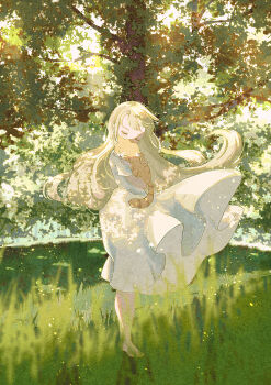 1girl absurdres animal barefoot blonde_hair cat closed_eyes commentary_request dappled_sunlight day dress forest full_body grass hair_flowing_over highres holding holding_animal holding_cat hug light_particles long_hair nature nekory orange_cat original outdoors scenery short_sleeves signature sunlight swept_bangs tabby_cat tree tree_shade very_long_hair white_dress wind wind_lift
