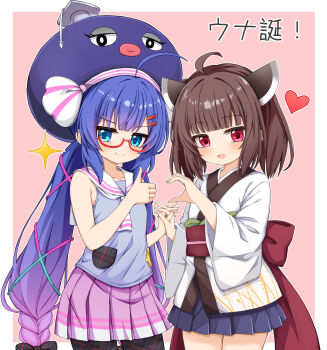 2girls absurdres ahoge back_bow beret black_pantyhose blue_eyes blue_hair blue_hat blue_skirt border bow braid brown_hair commentary_request cowboy_shot glasses gradient_hair grey_shirt hair_ornament hairclip hat headgear heart heart_hands_failure highres holding_hands japanese_clothes kimono large_hat long_hair long_sleeves looking_at_viewer low_twin_braids mac_4229 medium_hair mortarboard multicolored_hair multiple_girls neckerchief obi open_mouth otomachi_una outline pantyhose pink_background pink_hair pink_skirt pleated_skirt red-framed_eyewear red_bow red_eyes sailor_collar sailor_shirt sash semi-rimless_eyewear shirt short_kimono skirt sleeveless sleeveless_shirt smile thumbs_up touhoku_kiritan twin_braids twintails two-tone_hair under-rim_eyewear very_long_hair voiceroid white_border white_hat white_kimono white_neckerchief white_outline white_sailor_collar wide_sleeves x_hair_ornament