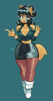 1girl absurdres alternate_costume animal_ears animal_nose artist_name black_hair black_skirt boots breasts cat_ears cat_girl cat_tail cleavage collared_shirt dimples_of_venus earrings full_body furry furry_female glasses green_eyes hairband highres jamoart jewelry kitty_katswell large_breasts long_hair looking_at_viewer medium_breasts medium_hair necklace office_lady open_mouth pantyhose pencil_skirt secretary shirt simple_background skirt smile solo t.u.f.f._puppy tail teeth thighs triangular_eyewear white_boots white_hairband yellow_fur