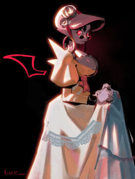 absurdres backlighting bat_wings bonnet breasts bright_pupils cleavage colored_skin commentary dark_background dark_skin detached_wings dreadlocks dress earrings english_commentary feet_out_of_frame from_side full_body gold_earrings grey_skin highres hoop_earrings jewelry juliet_sleeves lace lace-trimmed_dress lace_trim large_breasts large_earrings linesharkart long_dress long_sleeves looking_at_viewer lucy_(lineshark) mini_eyewear mini_wings original pointy_ears puffy_sleeves red_eyes skirt_hold sunglasses vampire very_dark_skin white_bonnet white_dress white_pupils wings