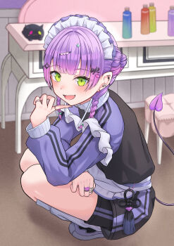 1girl :d absurdres apron armband barbell_piercing belt bibi_(tokoyami_towa) black_shorts black_skirt braid commentary demon_girl demon_tail diamond_hair_ornament double_bun ear_piercing fang frilled_armband frills gradient_hair green_eyes hair_bun hair_ornament hand_up heart heart_hair_ornament highres hololive indoors industrial_piercing jacket jersey_maid leg_warmers looking_at_viewer maid maid_headdress multicolored_hair mumei_(mumeillust1123) official_alternate_costume official_alternate_hairstyle open_mouth piercing pink_hair pointy_ears purple_belt purple_hair purple_shoes purple_sleeves shoes shorts shorts_under_skirt skin_fang skirt smile sneakers solo squatting striped_clothes striped_shorts striped_skirt striped_sleeves tail tokoyami_towa tokoyami_towa_(jersey_maid) track_jacket twin_braids unconventional_maid virtual_youtuber waist_apron white_apron white_headdress