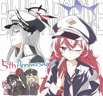 blonde_hair blue_archive chiaki_(blue_archive) closed_eyes commentary_request demon_girl demon_horns demon_wings grey_eyes grey_hair hair_between_eyes halo hat highres horns ibuki_(blue_archive) iroha_(blue_archive) makoto_(blue_archive) necktie pandemonium_society_(blue_archive) peaked_cap pink_eyes pink_hair purple_hair purple_halo red_eyes red_hair red_halo red_necktie satsuki_(blue_archive) shiroirosky wings yellow_halo