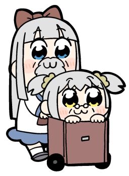 Rule 34 | 2girls, :3, beard, bkub, blue eyes, blue sailor collar, blue skirt, blunt bangs, blunt ends, blush stickers, bow, brown bow, brown neckerchief, cart, chibi, chibi only, commentary, facial hair, glasses, grey hair, grey shoes, hair bow, hair ornament, hair scrunchie, long hair, long sleeves, mini eyewear, multiple girls, neckerchief, official art, old, pipimi, poptepipic, popuko, round eyewear, sailor collar, school uniform, scrunchie, serafuku, shirt, shoes, short hair, sidelocks, simple background, skirt, socks, two side up, wheel, white background, white shirt, white socks, yellow eyes, yellow scrunchie