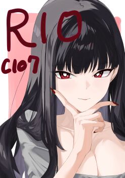 1girl absurdres alternate_costume black_hair blue_archive breasts english_text hashtag-only_commentary highres icetabetaaii large_breasts long_hair looking_at_viewer nail_polish red_eyes rio_(blue_archive) smile solo