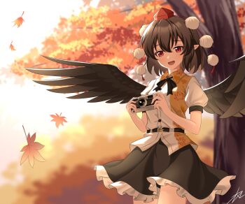 1girl :d absurdres belt black_belt black_hair black_skirt black_wings blurry blurry_background buttons camera collared_shirt commentary_request cowboy_shot falling_leaves feathered_wings frilled_skirt frills hair_between_eyes hands_up hat highres holding holding_camera leaf leaf_print looking_at_viewer maple_leaf maple_leaf_print maple_tree mfng235717 open_mouth outdoors pointy_ears puffy_short_sleeves puffy_sleeves red_eyes red_hat shameimaru_aya shirt short_hair short_sleeves signature skirt smile solo standing tokin_hat touhou tree white_shirt wings