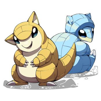 Rule 34 | alolan form, alolan sandshrew, claws, commentary, english commentary, full body, gen 1 pokemon, gen 7 pokemon, looking at viewer, looking back, mistray-art, nintendo, no humans, numbered, pokemon, pokemon (creature), regional and normal, sandshrew, signature, simple background, sitting, tail, white background