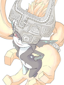 1girl absurdres black_skirt colored_skin commentary fang full_body gray_orbit hands_on_own_hips helmet highres imp long_hair looking_at_viewer midna multicolored_skin nintendo one_eye_covered pointy_ears red_hair skirt smug solo the_legend_of_zelda the_legend_of_zelda:_twilight_princess two-tone_skin white_skirt