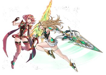 2girls absurdres aegis_sword_(xenoblade) blonde_hair breasts highres large_breasts multiple_girls mythra_(xenoblade) pyra_(xenoblade) red_eyes red_hair sofusan1526 weapon xenoblade_chronicles_(series) xenoblade_chronicles_2 yellow_eyes