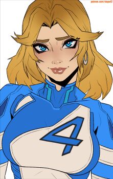 Rule 34 | 1girl, black eyeshadow, blonde hair, blue bodysuit, blue eyes, bodysuit, breasts, bright pupils, closed mouth, commentary, covered collarbone, earrings, english commentary, eyelashes, eyeshadow, fantastic four, highres, hoop earrings, jewelry, large breasts, lips, long hair, looking at viewer, makeup, marvel, marvel rivals, nose, patreon username, simple background, smile, solo, stopu, sue storm, upper body, white background, white pupils