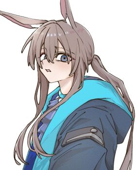 1girl amiya_(arknights) animal_ears arknights black_eyes black_jacket blue_collar blue_jacket brown_hair collar commentary_request disgust hair_between_eyes hood hood_down hooded_jacket jacket long_hair long_sidelocks looking_at_viewer open_mouth ponytail rnochi0812 sidelocks simple_background solo white_background