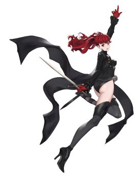 1girl absurdres arm_up ass black_jacket black_leotard black_thighhighs floating_hair frilled_sleeves frills from_behind gloves high_heels highres holding holding_sword holding_weapon jacket kokushi_kanta leotard long_hair long_sleeves looking_at_viewer open_mouth persona persona_5 persona_5_the_royal ponytail red_eyes red_gloves red_hair smile solo sword thighhighs transparent_background violet_(persona_5) weapon yoshizawa_kasumi