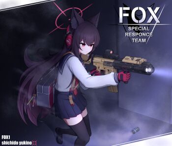 1girl absurdres animal_ears assault_rifle asuparuch black_thighhighs blue_archive blue_sailor_collar blue_skirt brown_hair fox_ears fox_girl fox_platoon_(blue_archive) gun h&amp;k_hk416 hair_between_eyes halo headset highres red_eyes red_halo rifle sailor_collar school_uniform serafuku shirt skirt thighhighs thighs weapon white_shirt yukino_(blue_archive)