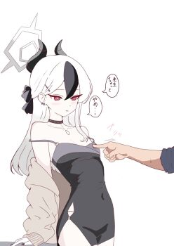1boy 1girl black_dress blue_archive choker dress horns kayoko_(blue_archive) long_hair poking red_eyes sensei_(blue_archive) white_hair zzzzblue194725