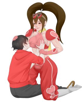 absurdres baggy_pants blush boots breast_sucking breasts brown_eyes brown_hair chun-li_fan commission commissioner_upload f-zero f-zero_gx gloves goggles grabbing_another's_breast groping groping_breast highres kneeling large_breasts nintendo pants pink_gloves princia_ramode scarf see-through_clothes shoulder_pads simple_background smile sucking_boobs white_background white_boots yellow_scarf