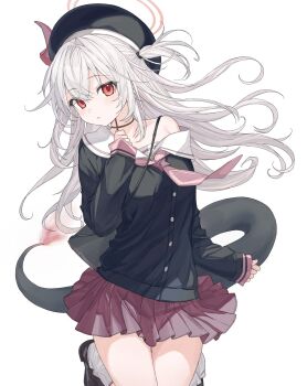 1girl bag beret black_bag black_hat black_shirt black_shoes commentary cosplay cowboy_shot expressionless halo hat highres jumping karyln koharu_(blue_archive) koharu_(blue_archive)_(cosplay) light_blush long_hair looking_at_viewer necktie one_side_up original parted_lips pink_halo pink_necktie pink_skirt red_eyes sailor_collar school_uniform shirt shoes shoulder_bag simple_background single_bare_shoulder skirt socks solo symbol-only_commentary tail white_background white_hair white_sailor_collar white_socks