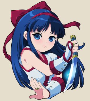 1girl ainu_clothes blue_eyes blue_hair blush breasts crossed_arms fighting_stance fingerless_gloves gloves hair_ribbon highres long_hair looking_at_viewer nakoruru pink_lips ribbon samurai_spirits serious small_breasts snk solo the_king_of_fighters weapon