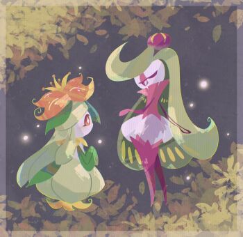 Rule 34 | 2girls, border, colored skin, crown, flower, full body, gen 5 pokemon, gen 7 pokemon, green hair, green skin, grey background, hair flower, hair ornament, highres, lilligant, long hair, looking at another, mini crown, monster girl, mr h202, multiple girls, nintendo, no feet, orange eyes, orange flower, plant girl, plant hair, pokemon, pokemon (creature), purple eyes, purple thighhighs, simple background, standing, swept bangs, thighhighs, tri tails, tsareena, white skin, yellow border, yellow crown