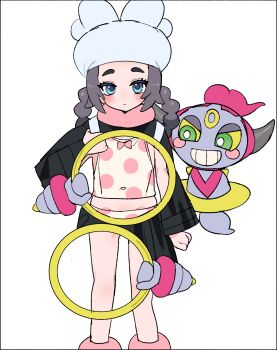 1girl absurdres ansha_(pokemon) black_coat blue_eyes blush blush_stickers closed_mouth coat commentary_request covered_navel eyelashes gen_6_pokemon grin hat highres holding holding_hoop holding_strap hoopa hoopa_(confined) je_o_mo leg_warmers legendary_pokemon long_hair mythical_pokemon nintendo pink_leg_warmers pink_scarf pokemon pokemon_(creature) pokemon_legends:_z-a scarf simple_background smile teeth white_background white_hat x-ray