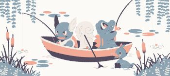 blush_stickers boat bright_pupils cattail commentary ducklett fishing gen_1_pokemon gen_2_pokemon gen_5_pokemon lily_pad manami_(uovoegg) nintendo no_humans oar open_mouth outdoors plant pokemon pokemon_(creature) ripples signature symbol-only_commentary totodile wartortle watercraft white_pupils