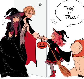 1boy 2girls adoptive_parent_and_adoptive_child animal anya_(spy_x_family) black_cape black_dress black_hair black_hat black_pants blonde_hair blue_eyes blush bond_(spy_x_family) braid broom cape child closed_eyes clothed_animal commentary_request covered_mouth covering_own_mouth dog door doorway dress elbow_gloves english_text father_and_daughter from_side full_body gloves great_pyrenees green_eyes grey_pantyhose grey_shirt hair_bun halloween halloween_bucket halloween_costume hand_over_own_mouth happy_aura hat hat_ribbon highres medium_hair mother_and_daughter multiple_girls notice_lines open_mouth pants pantyhose parted_lips peanuts_omr pink_hair profile red_gloves red_ribbon red_shoes ribbon shirt shoes short_hair short_hair_with_long_locks smile speech_bubble spy_x_family squiggle standing sweatdrop three-quarter_sleeves tiptoes trick_or_treat twilight_(spy_x_family) twitter_username vampire_costume very_short_hair witch witch_hat yor_briar