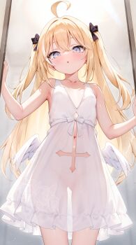 1girl :o arata_(xin) black_bow blonde_hair blue_eyes bow breasts cleavage crossed_bangs dress gluteal_fold hair_between_eyes hair_bow highres loli long_hair looking_at_viewer low_wings original see-through_clothes see-through_dress small_breasts standing two_side_up white_dress white_wings wings