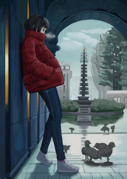 Rule 34 | 1girl, absurdres, bird, black eyes, black hair, blue pants, breath, bush, carbo nara39, denim, down jacket, from side, full body, grey shoes, hands in pockets, highres, jacket, jeans, long sleeves, original, outdoors, pants, pigeon, profile, red jacket, shoes, sneakers, solo, tree