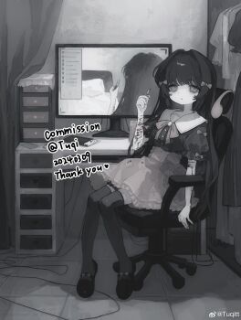 1girl absurdres artist_name bad_source black_footwear black_hair black_shirt black_thighhighs bleeding blood bow boxcutter chair chinese_commentary commentary_request commission computer computer_tower dated desk empty_eyes english_text full_body grey_eyes hair_bow hair_intakes headphones high-waist_skirt highres holding holding_boxcutter indoors livestream long_hair looking_at_viewer monitor muted_color office_chair on_chair original parted_lips pink_skirt puffy_short_sleeves puffy_sleeves self-harm shirt short_sleeves sitting skirt solo swivel_chair thighhighs tile_floor tiles tuqitt unworn_headphones very_long_hair watermark weibo_watermark wrist_cutting