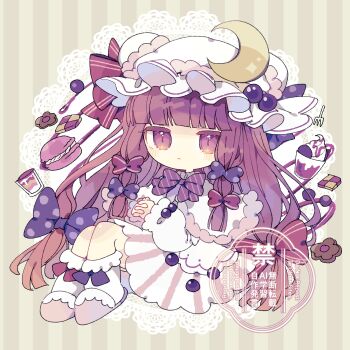 Rule 34 | 1girl, absurdres, book, bow, bowtie, capelet, checkerboard cookie, chibi, chibi only, closed mouth, commentary, cookie, crescent, crescent hat ornament, dress, food, food request, hair bow, hat, hat ornament, highres, interlocked fingers, looking at viewer, mob cap, multiple hair bows, nikorashi-ka, own hands together, patchouli knowledge, pink slippers, purple bow, purple bowtie, purple eyes, purple hair, red bow, slippers, socks, solo, striped clothes, striped dress, touhou, vertical-striped clothes, vertical-striped dress, watermark, white capelet, white dress, white hat, white socks