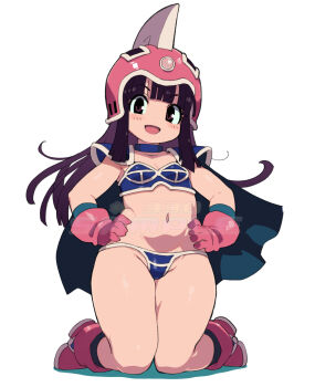 1girl :d absurdres armor armpits bikini bikini_armor black_eyes black_hair blue_bikini blue_cape boots breasts cape chi-chi_(dragon_ball) cleavage dragon_ball dragon_ball_(classic) full_body gloves hands_on_own_hips helmet highres kneeling loli long_hair looking_at_viewer navel open_mouth pink_boots pink_gloves pink_helmet small_breasts smile solo swimsuit zankuro