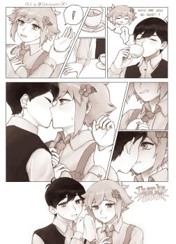 2boys alternate_costume antenna_hair apron bright_pupils chibi chibi_inset closed_eyes closed_mouth clothes_grab collared_shirt cup double-parted_bangs earrings english_text flower greyscale hair_between_eyes hair_flower hair_ornament heterochromia highres holding holding_cup holding_napkin holding_tray jewelry k0kum0tsu kiss long_sleeves looking_at_another male_focus monochrome multiple_boys necktie necktie_grab neckwear_grab omori open_mouth plate right-to-left_comic shirt short_hair sidelocks single_earring speech_bubble spoilers spoken_squiggle squiggle teacup teeth tray upper_teeth_only vest yaoi