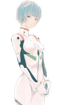 1girl ayanami_rei blue_hair bodysuit breasts commentary expressionless fujiya86 highres interface_headset_(evangelion) looking_at_viewer mecha_pilot_suit neon_genesis_evangelion own_hands_together plugsuit_(evangelion) red_eyes short_hair simple_background solo standing white_background white_bodysuit