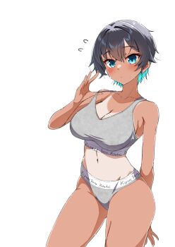 1girl black_hair blue_eyes blue_hair blush bra breasts cleavage collarbone colored_inner_hair flying_sweatdrops grey_bra grey_panties highres kirimmitsu multicolored_hair navel original panties shadow short_hair solo strap_pull sweat tan tanline underwear white_background white_nails