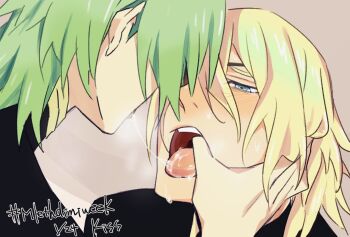 2boys after_kiss black_shirt blonde_hair blue_eyes blush male_byleth_(awakened)_(fire_emblem) male_byleth_(fire_emblem) commentary couple dimitri_alexandre_blaiddyd eyepatch fire_emblem fire_emblem:_three_houses french_kiss green_hair hair_between_eyes half-closed_eyes hand_on_another&#039;s_head hand_up heavy_breathing highres kiss looking_at_another male_focus medium_hair multiple_boys nintendo one_eye_covered open_mouth saliva saliva_trail shirt short_hair simple_background sweat tearing_up teeth thumb_in_mouth tongue tongue_out upper_body upper_teeth_only wa_fe yaoi