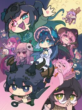 Rule 34 | > <, 6+girls, ahoge, animal ear fluff, animal ears, ashur (trickcal), bare shoulders, beret, black hair, black mask, blanchet (trickcal), blanket, blue eyes, blue flower, blue hair, blue rose, blush, bonnet, bow, braid, braided twintails, breasts, brown sweater, cat ears, cat girl, cauldron, chibi, chibi only, chopi (trickcal), chuunibyou, closed eyes, closed mouth, commentary request, crayon, cuffs, detached sleeves, doctor, dog ears, dog girl, dog tail, dragon girl, dragon horns, dragon tail, dragon wings, dress, earrings, empty eyes, eyewear on head, fang, festa (trickcal), flower, full moon, furisode sleeves, glasses, gold tiara, green eyes, grey dress, grey hat, guitar, hair between eyes, hair ornament, hairband, halo, halo behind head, hat, heterochromia, highres, hilde (trickcal), holding, holding kunai, holding staff, holding weapon, horns, instrument, jewelry, juliet sleeves, kidian (trickcal), kommy (trickcal), kukuru (kukuru sub bp77), kunai, large breasts, levi (trickcal), long hair, long sleeves, looking at object, looking at viewer, looking down, mask, mask on head, moon, multicolored hair, multiple girls, off shoulder, open mouth, pillow, pink hair, posher (trickcal), puffy sleeves, purple eyes, purple hair, purple hairband, purple skirt, red eyes, red hair, red streaks, rim (trickcal), rose, round eyewear, shirt, short hair, side ponytail, sidelocks, single horn, skirt, skull on head, sleeping, sleeveless, sleeveless sweater, sleeves past fingers, sleeves past wrists, smile, sparkling eyes, staff, sweater, tail, tongue, tongue out, torn wings, trickcal, twin braids, veroo (trickcal), very long hair, virgin killer sweater, weapon, white dress, white hair, white shirt, wings, witch hat, xion (trickcal), yellow sweater, yomi (trickcal)
