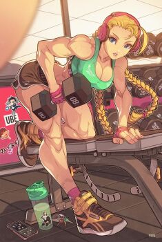antenna_hair biceps blonde_hair blue_eyes bohemian_rhapsody bottle braid breasts cammy_white capcom chun-li dumbbell edwin_huang exercising final_fantasy final_fantasy_vii final_fantasy_vii_remake fingerless_gloves gloves headphones key large_breasts looking_at_viewer muscular muscular_female nail_polish phone queen_(band) red_gloves ryu_(street_fighter) shoes shorts socks sports_bra sticker street_fighter street_fighter_v sweat thighs tifa_lockhart twin_braids union_jack water_bottle