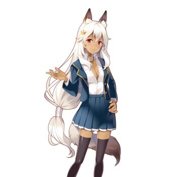 Rule 34 | 1girl, animal ears, black thighhighs, blazer, blue jacket, blue skirt, breasts, crown hair ornament, dark-skinned female, dark skin, fox ears, fox girl, fox tail, grey hair, hair between eyes, hair ornament, hand on own hip, jacket, jewelry, long hair, medium breasts, necklace, open clothes, open shirt, red eyes, rie (reverie), shirt, skirt, tail, thighhighs, uchi no hime-sama ga ichiban kawaii, very long hair, vivi blacks, white shirt
