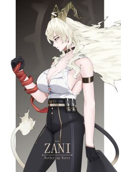 1girl absurdres arm_strap black_choker black_gloves black_horns black_pants black_tail blonde_hair breasts button_gap character_name choker clenched_hand collarbone commentary curled_horns english_commentary fire flame-tipped_tail from_side gloves hand_up high-waist_pants highres horns large_breasts long_hair necktie necktie_around_wrists pants parted_lips razes red_eyes red_necktie shirt shirt_tucked_in solo tail tight_clothes tight_pants torn_clothes torn_shirt white_shirt wuthering_waves zani_(wuthering_waves)