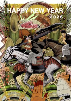 1girl 1other 2boys bamboo bird black_hair black_kimono blonde_hair commentary_request crane_(animal) floating flower gloves grey_hakama hakama happy_new_year hibino_kafka highres holding holding_weapon horse horseback_riding hoshina_soshiro japanese_clothes kaijuu_no._8 kimono levitation matsumoto_naoya multicolored_hair multiple_boys nengajou new_year pink_kimono riding shinomiya_kikoru twintails two-tone_hair weapon