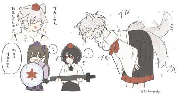 Rule 34 | ..., 3girls, absurdres, animal ears, black hair, black skirt, brown eyes, brown hair, checkered clothes, checkered skirt, collared shirt, commentary request, detached sleeves, grey hair, hat, highres, himekaidou hatate, holding, holding shield, holding sword, holding weapon, inubashiri momiji, medium hair, multiple girls, pom pom (clothes), puffy short sleeves, puffy sleeves, purple hat, purple shirt, purple skirt, red eyes, red hat, red skirt, shameimaru aya, sheath, sheathed, shield, shirt, short sleeves, simple background, skirt, speech bubble, spoken ellipsis, sword, tail, tktkhappymchyru, tokin hat, touhou, translation request, twintails, twitter username, two-tone skirt, weapon, white background, white shirt, wolf ears, wolf girl, wolf tail