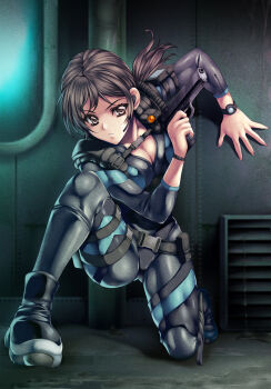 Rule 34 | 1girl, bodysuit, breasts, brown hair, cleavage, diving suit, gun, handgun, highres, holding, holding gun, holding weapon, jill valentine, kneeling, long hair, low ponytail, parted lips, ponytail, resident evil, resident evil: revelations, tamiya akito, weapon, wetsuit