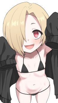 1girl arms_up bikini black_bikini black_jacket blonde_hair blush cowboy_shot fangs flat_chest groin hair_over_one_eye halulu highres idolmaster idolmaster_cinderella_girls jacket loli looking_at_viewer lowleg lowleg_bikini navel one_eye_covered open_clothes open_jacket open_mouth red_eyes shirasaka_koume short_hair simple_background sleeves_past_fingers sleeves_past_wrists smile solo swimsuit tareme white_background